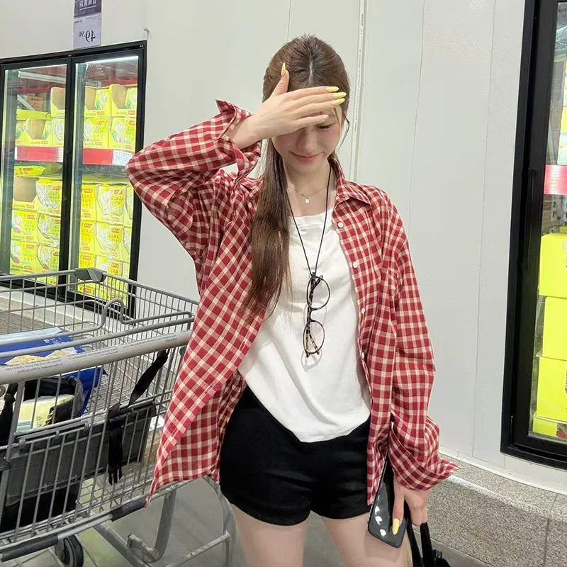 

Женская красная клетчатая куртка-рубашка, летняя легкая винтажная свободная защита от солнца, топ с длинными рукавами, повседневная повседневная одежда