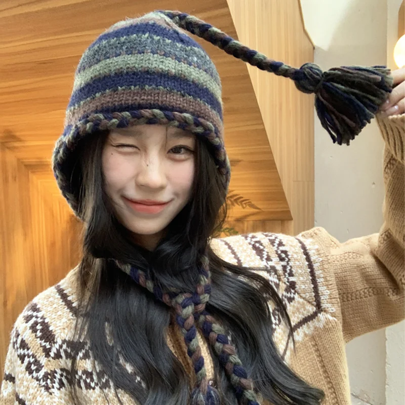 Korean Mixed Color Handmade Knitted Pullover Hat for Men and Women Winter Outdoor Skiing Cycling Ear Protection Bomber Hats