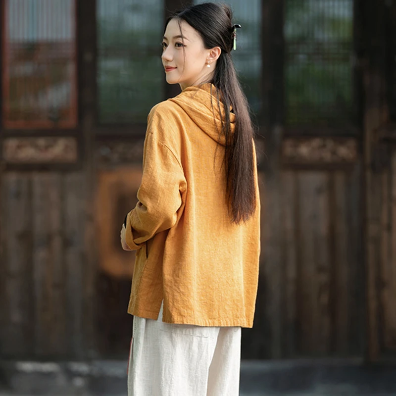 Femmes coton lin décontracté sweats à capuche nouveauté 2025 automne Style Vintage couleur unie femme à manches longues pulls à capuche M1838