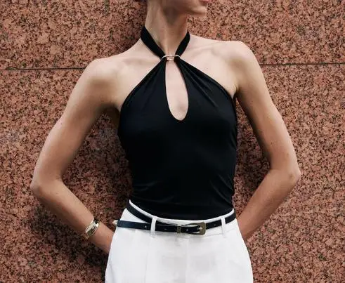 

Women's Summer New Style Hanging Neck Solid Color Metal Ring Backless T-Shirt Top