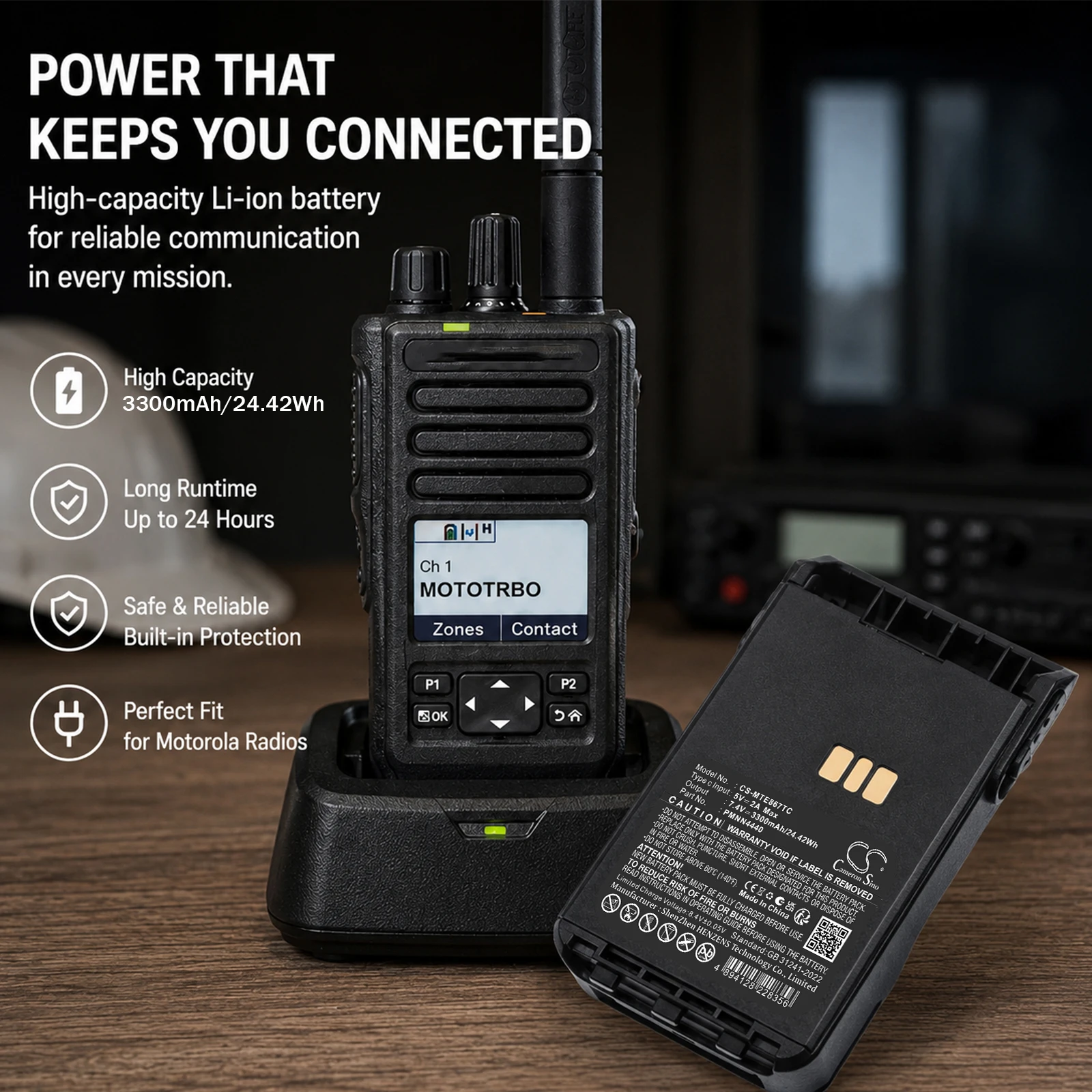 Replacement 7.4V 3300mAh Two-Way Radio Battery PMNN4440 for Motorola DP3000e DP3441 DP3441e DP3661 XiR E8600 E8608 E8668 P8600