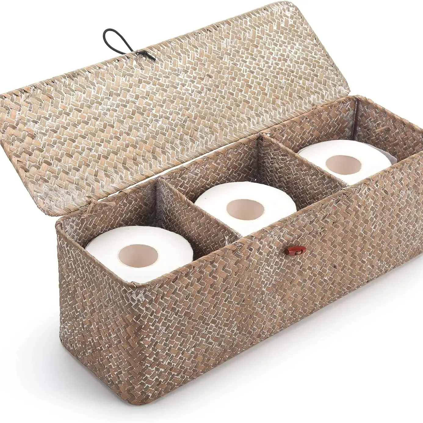 Panier de réservoir en jonc de mer blanchi avec couvercle, panier de rangement de rouleau de toilette tissé avec Sections rectangulaire pour organiser les jouets de collation
