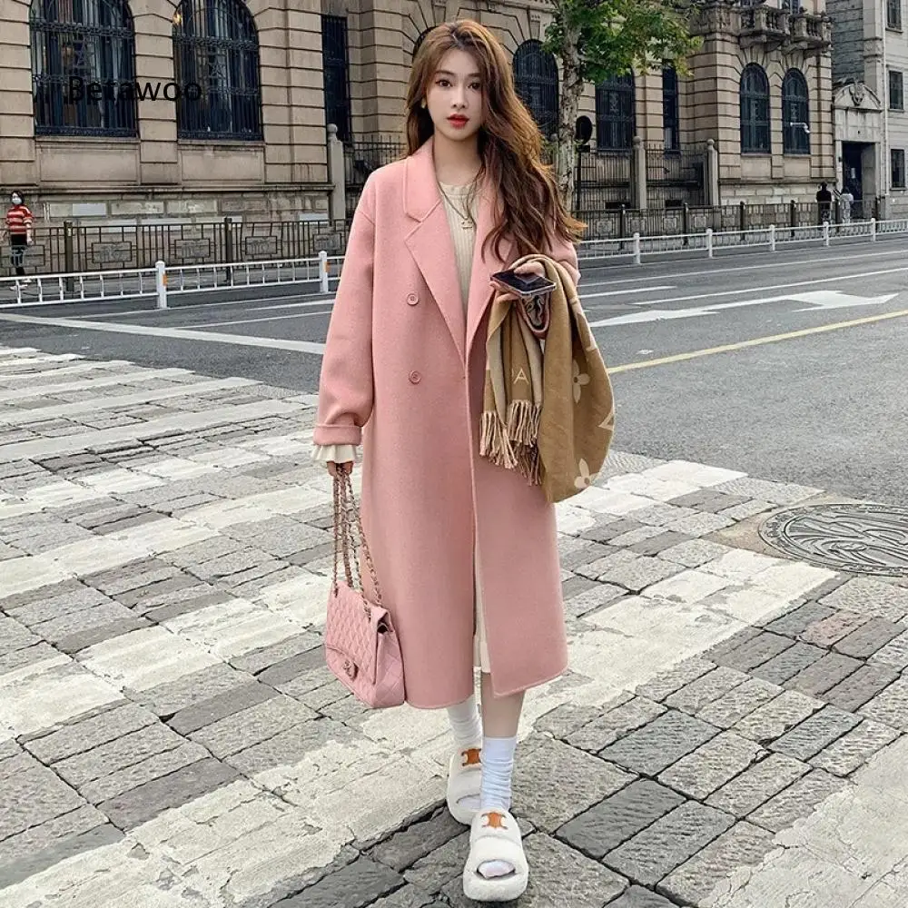 Notched Lapel Double Breasted Long Overcoat For Women Solid Color Loose Outerwear For Casual Daily And City Street Style