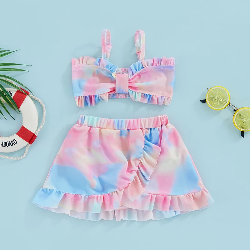 9M-4T Kids Girls Swimwear and Cover Up Summer Floral/Tie Dye Print Camisole Bra Elastic Shorts and Ruffle Skirt 3-Piece Set