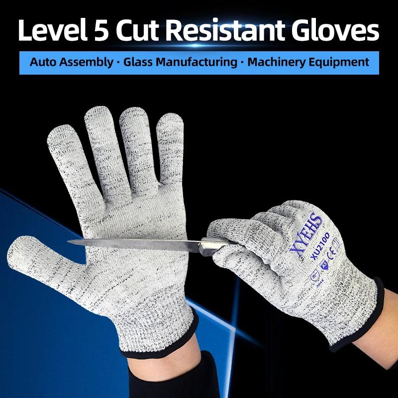 XYEHS 3 Pairs Level 5 Anti-Cut Safety Work Gloves, 10 Gauge HPPE Knit, Elastic Cuff Anti-Scratch Protective Hand Gloves