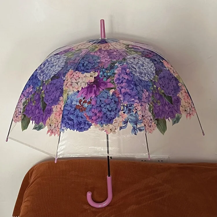 

Retro Hydrangea Butterfly Romantic Garden Umbrella Transparent Long Handle Self-Opening Umbrella