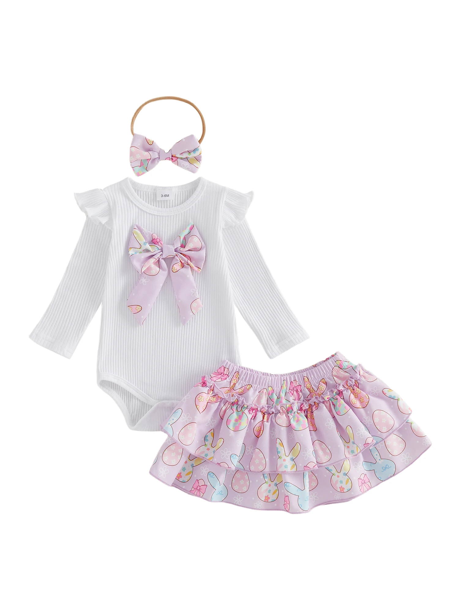 

Очаровательный весенний наряд для маленьких девочек: комбинезон с цветочным принтом, юбка с рюшами и подходящая повязка на голову — комплект из 3 предметов на Пасху