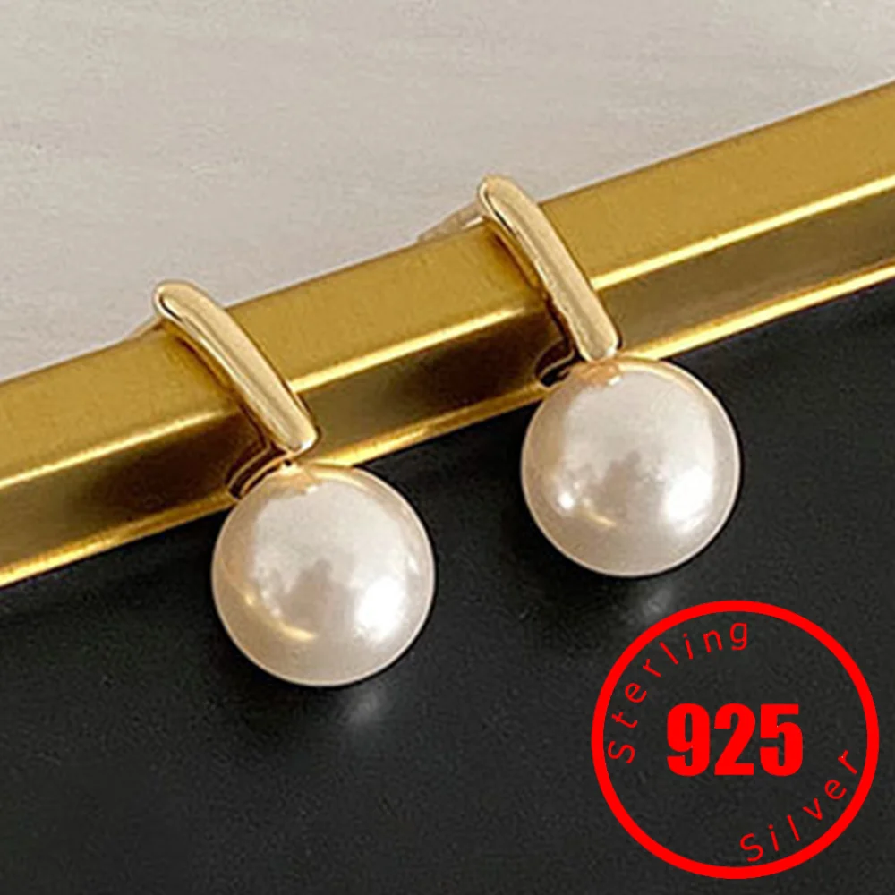 Gold Plated Pearl Stud Earrings Basic Large Pearl Earrings For Women Party All-match Jewelry Boutique Gift