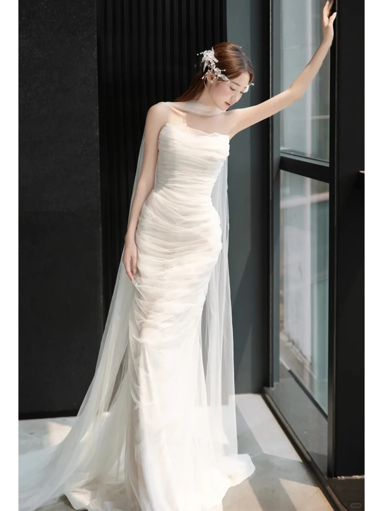 

Slimming Effect White Wedding Dr awl Light Veil Bridesmaid Morning oot Sweet Sle High Waist Polyester Long Dr