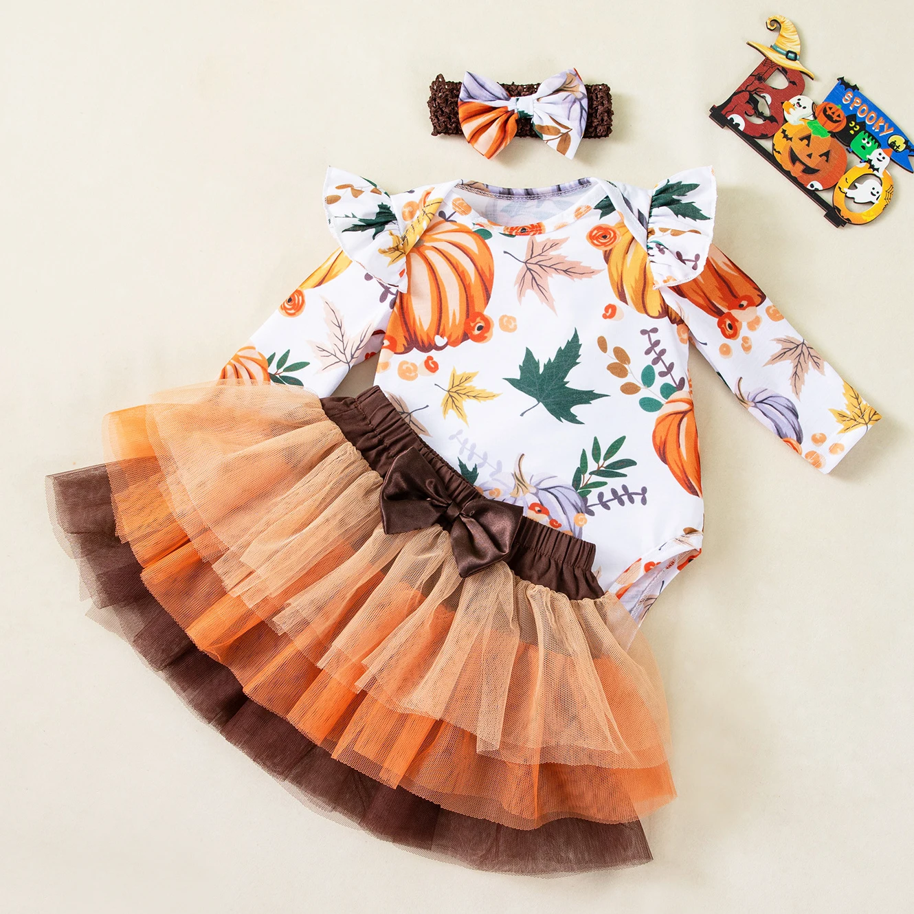 18 Moths Infant Girl Halloween Costumes Puff Sleeves Baby Girl Pumpkin Bodysuit Cake Smash Tutu Skirt Headband Halloween Clothes