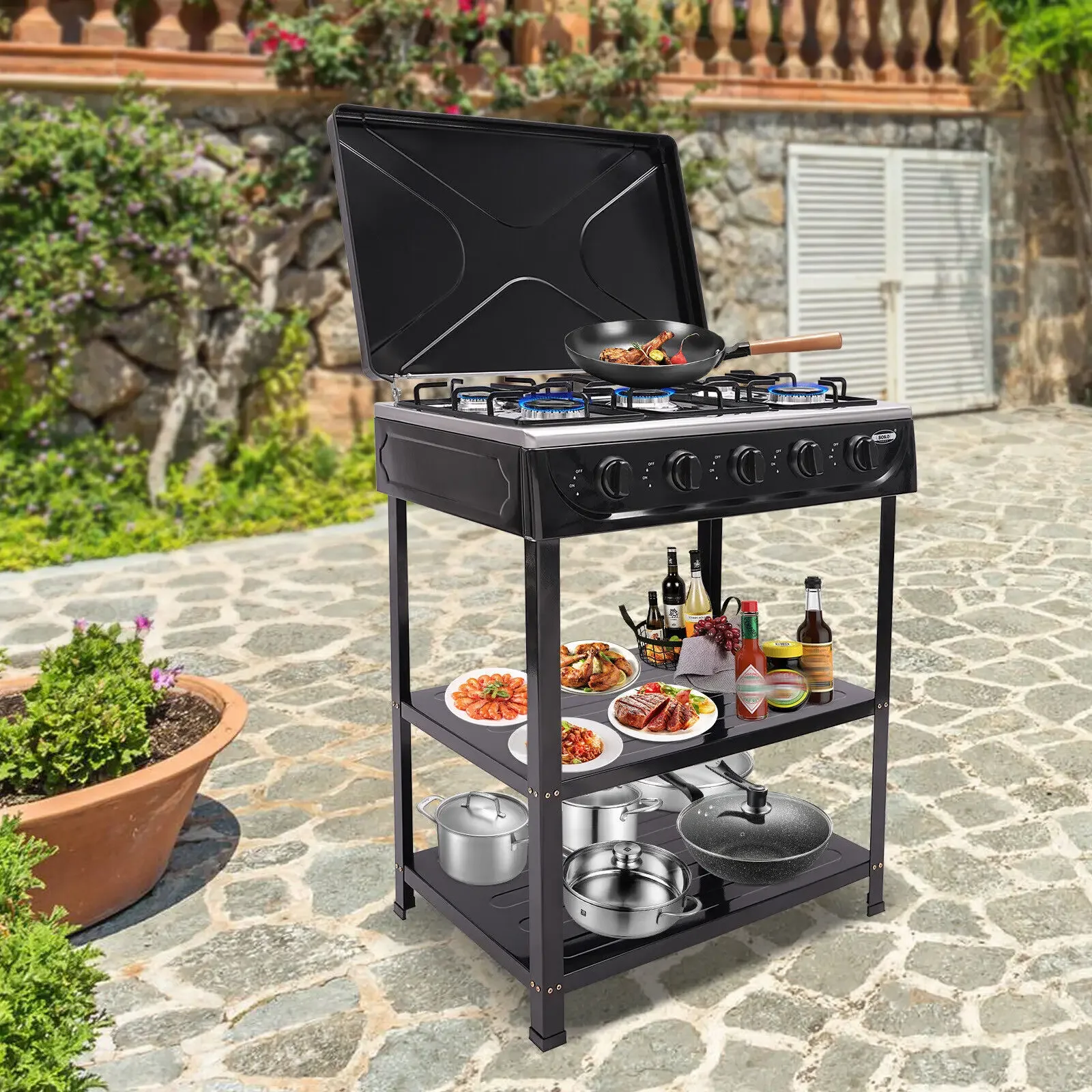 

5-Burner Natural Gas Stove for Outdoor Cooking with Storage Racks Included