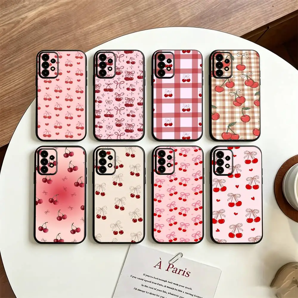 Pink Bow Cherry For Samsung S25,24,21,22,23,30,Ultra,20,Plus Black soft silicone case