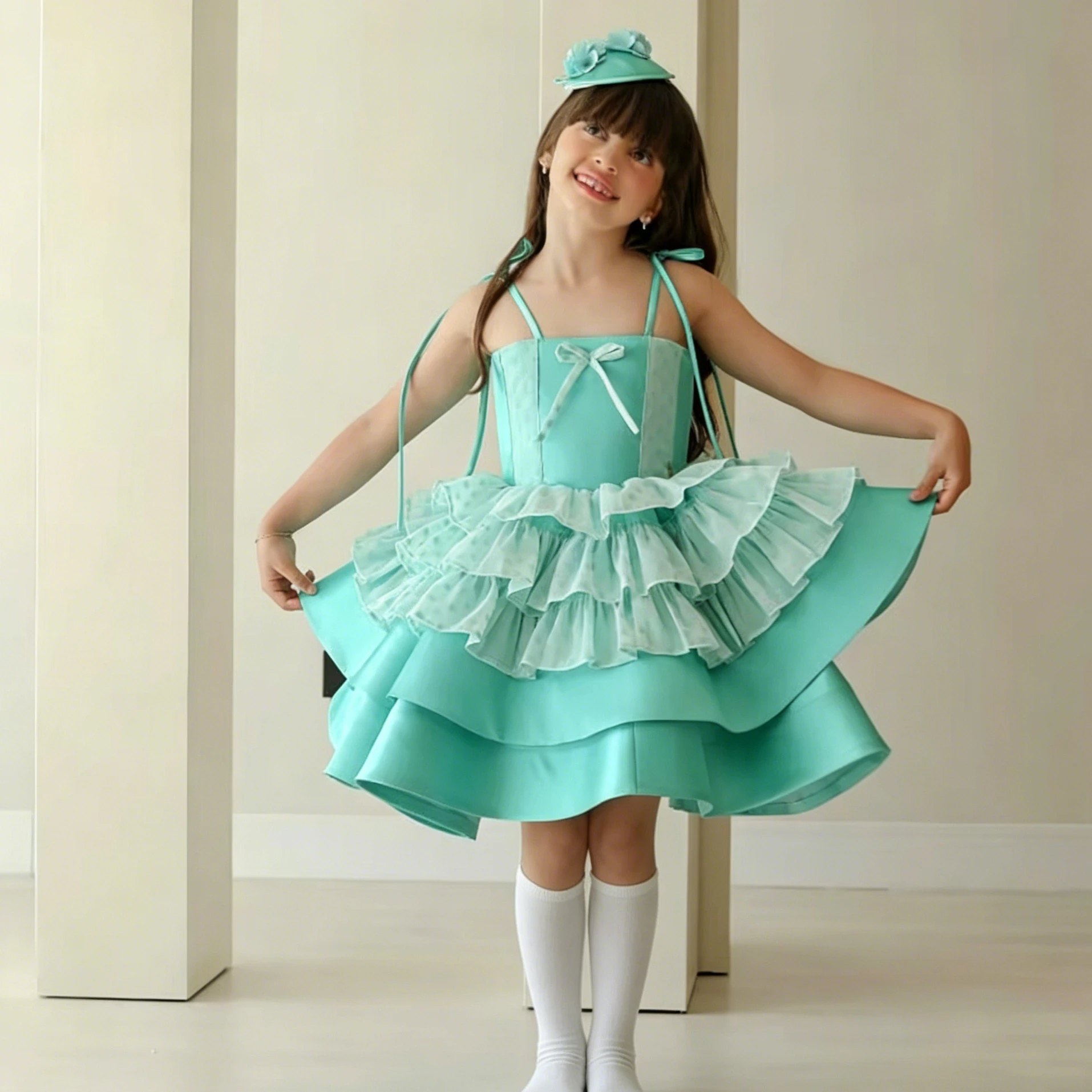 Customized Flower Girl Dress For Wedding Bow Sleeveless High Waist Knee Length Elegant Kids Birthday First Communion Gown