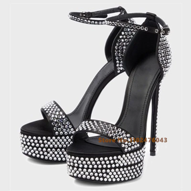 2023 New Black Sexy Banquet High-heeled Shoes 14CM Super-high Heel Platform One-button Ankle Strap Crystal Women's Sandals