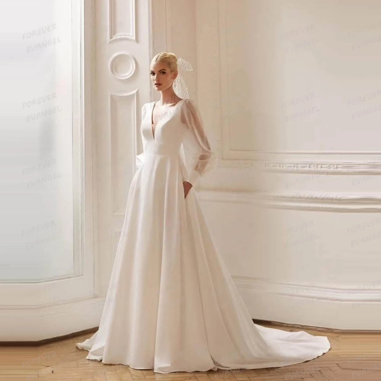 

Simple Wedding Dresses A Line Woman's V Neck Bride Gowns Long Sleeve Elegant Satin Vestidos De Novia Customized Robe De Mariée