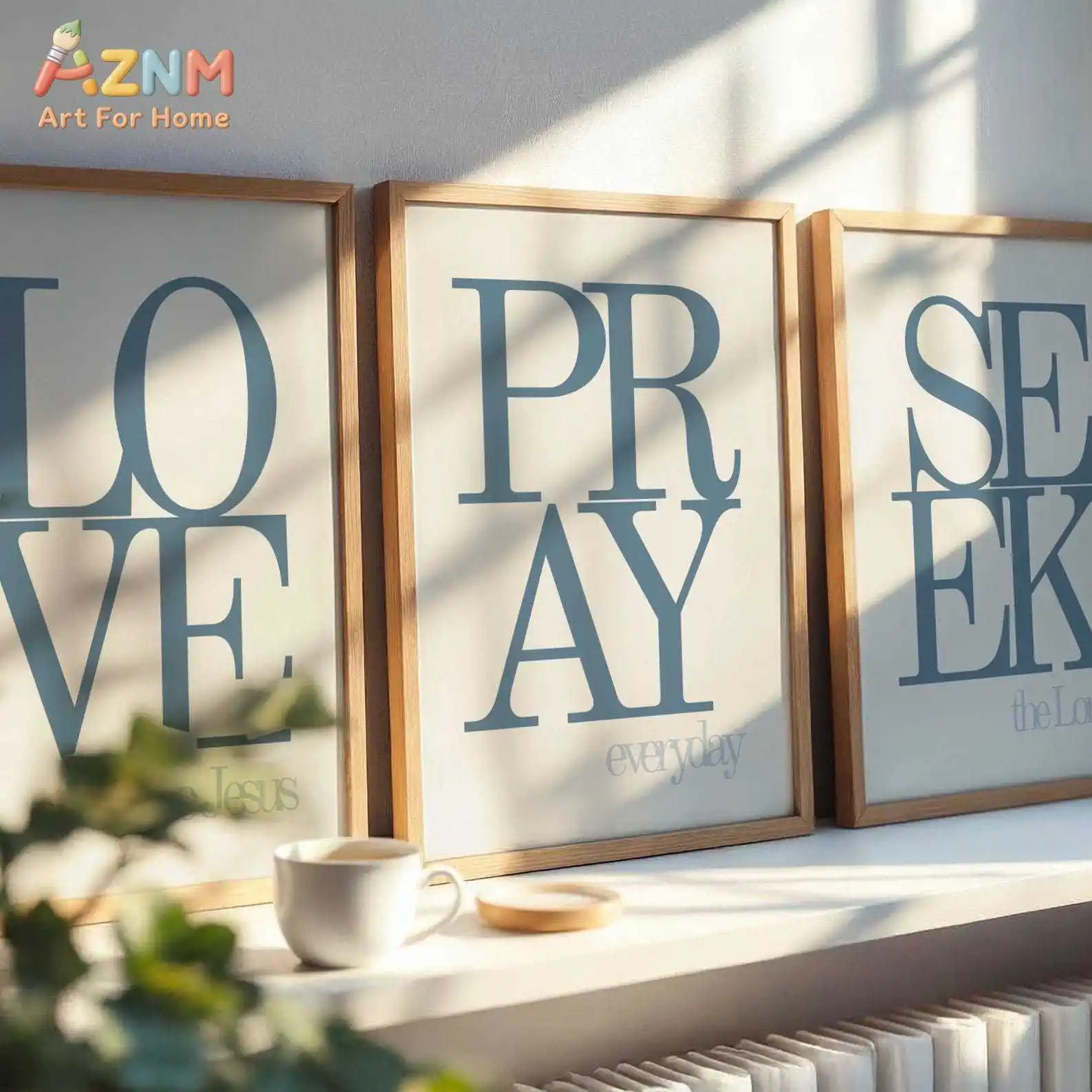 Christian Wall Art Set of 3 Blue, Love Pray Seek Jesus Prints, Neutral Faith Decor, Bible Verse Wall Art, Christian Poster