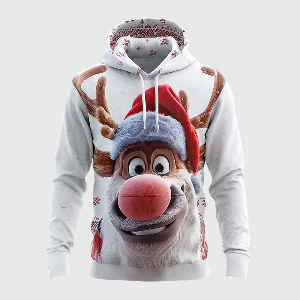 

3D Print Christmas Animal Elk Graphic Hoodies Fashion Creative Design Long Sleeve Hooded Tops Men's Oversize Comfortable Clothes