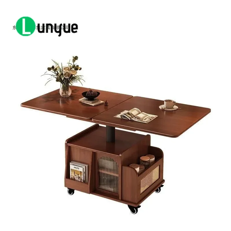 Solid Wood Mobile Tea Table Multi-functional Lifting Folding Cart for Living Room Sofa Dining Small Apartment Dual-purpose