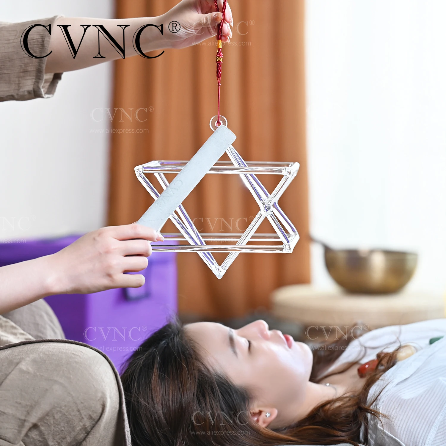 CVNC-Clear Merkaba Crystal Singing Pyramid, Chakra Instrument, Sound Healing, Relaxing Sounds, 8 Inch