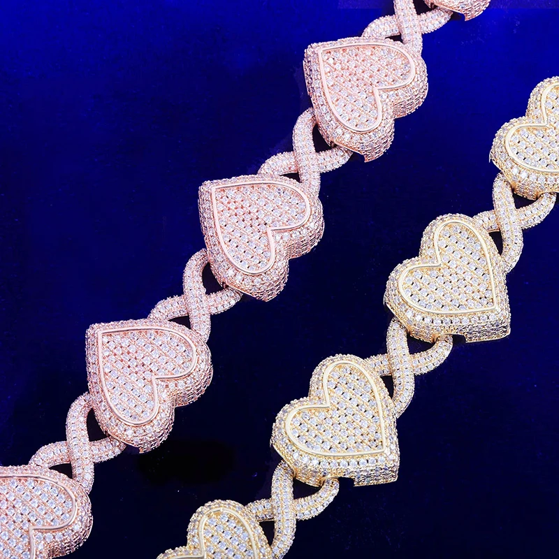Hip Hop 5A+ CZ Stone Paved Bling Iced Out Infinity Heart Link Chain Bracelet for Men Women Rapper Jewelry Rose Gold Silver Color