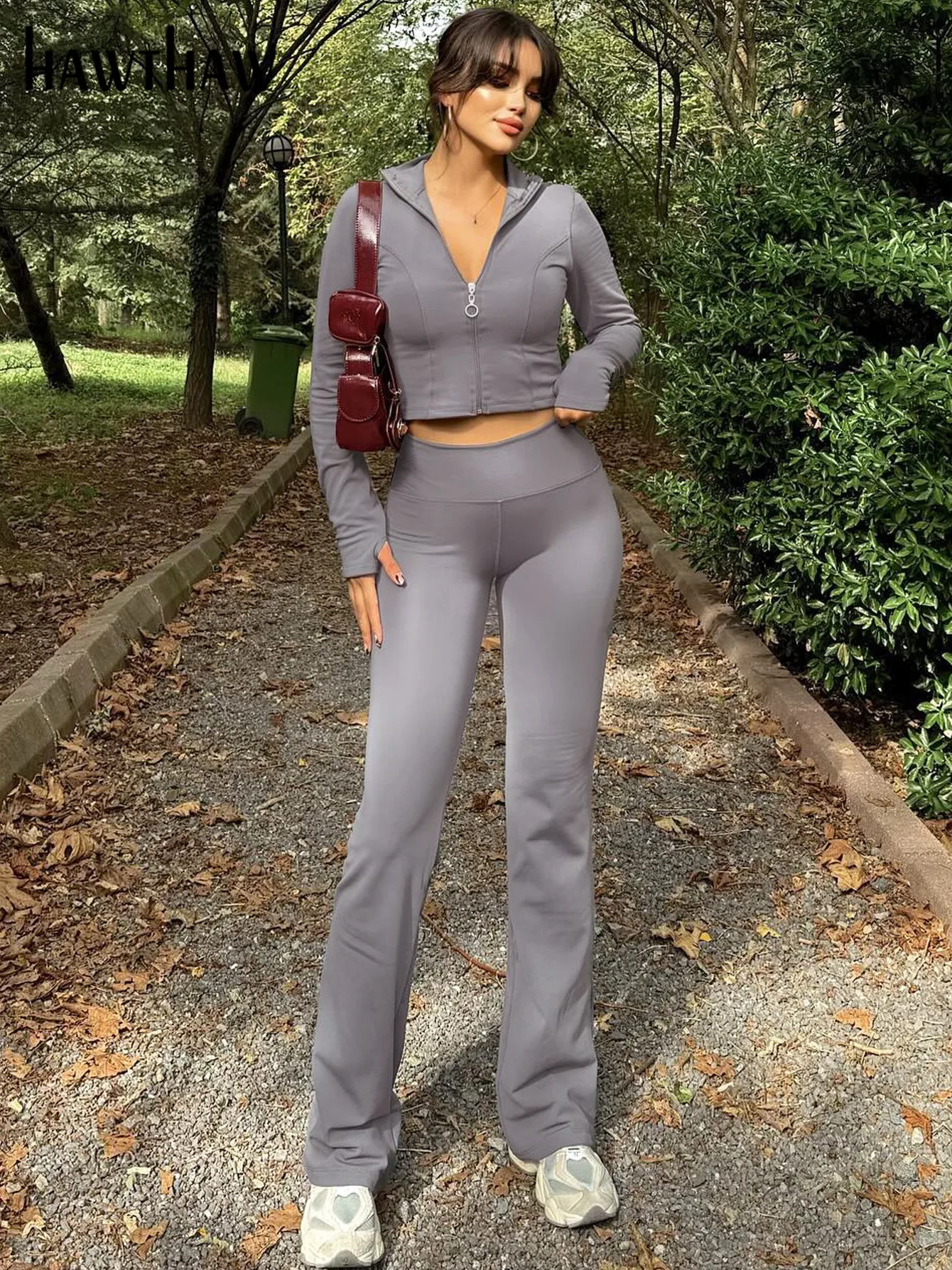 Hawthaw Women 2024 Spring Autumn Long Sleeve Crop Tops Long Pants Two Piece Sets Outfit Tracksuit Wholesale Items For Business