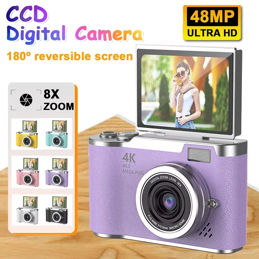 

4K 8X Digital Zoom Digital CCD Camera for Student 48MP Compact Digital Photography Camera 180°Flip Screen Selfile Camera
