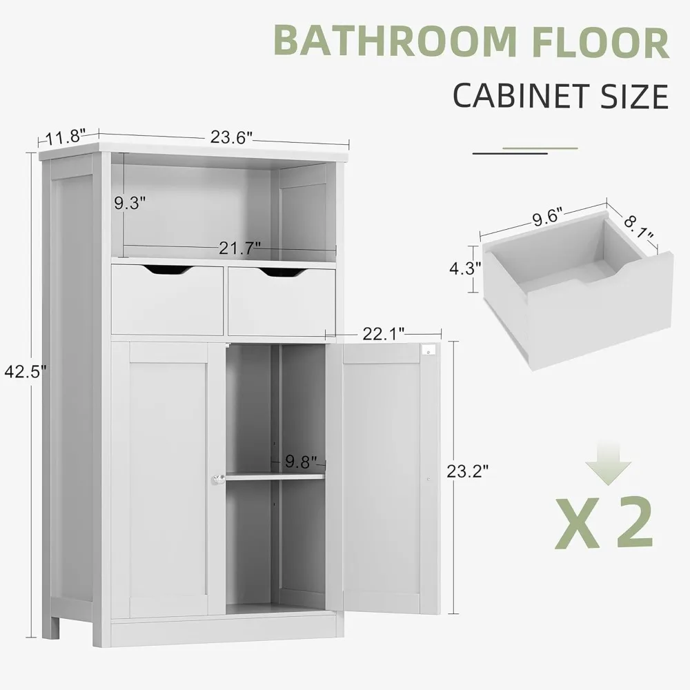 Witte vloeropbergkast met deuren en laden, verstelbare plankorganizer voor badkamerkeuken voorraadkast