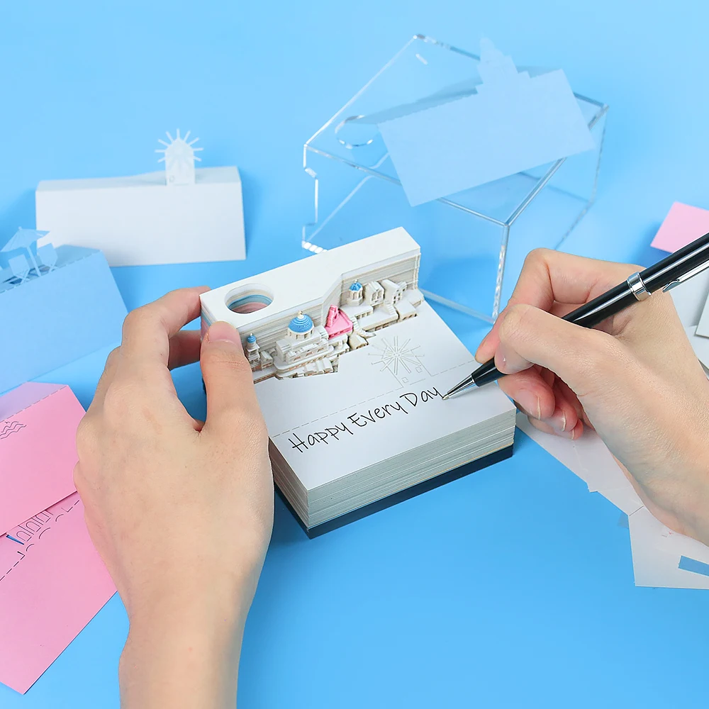 Omoshiroi Block Notes 3D Notepad Mini Santorini Led Memo Pad High Quality Amazing 3D Paper Model Sticky Note 3D Art Friends Gift