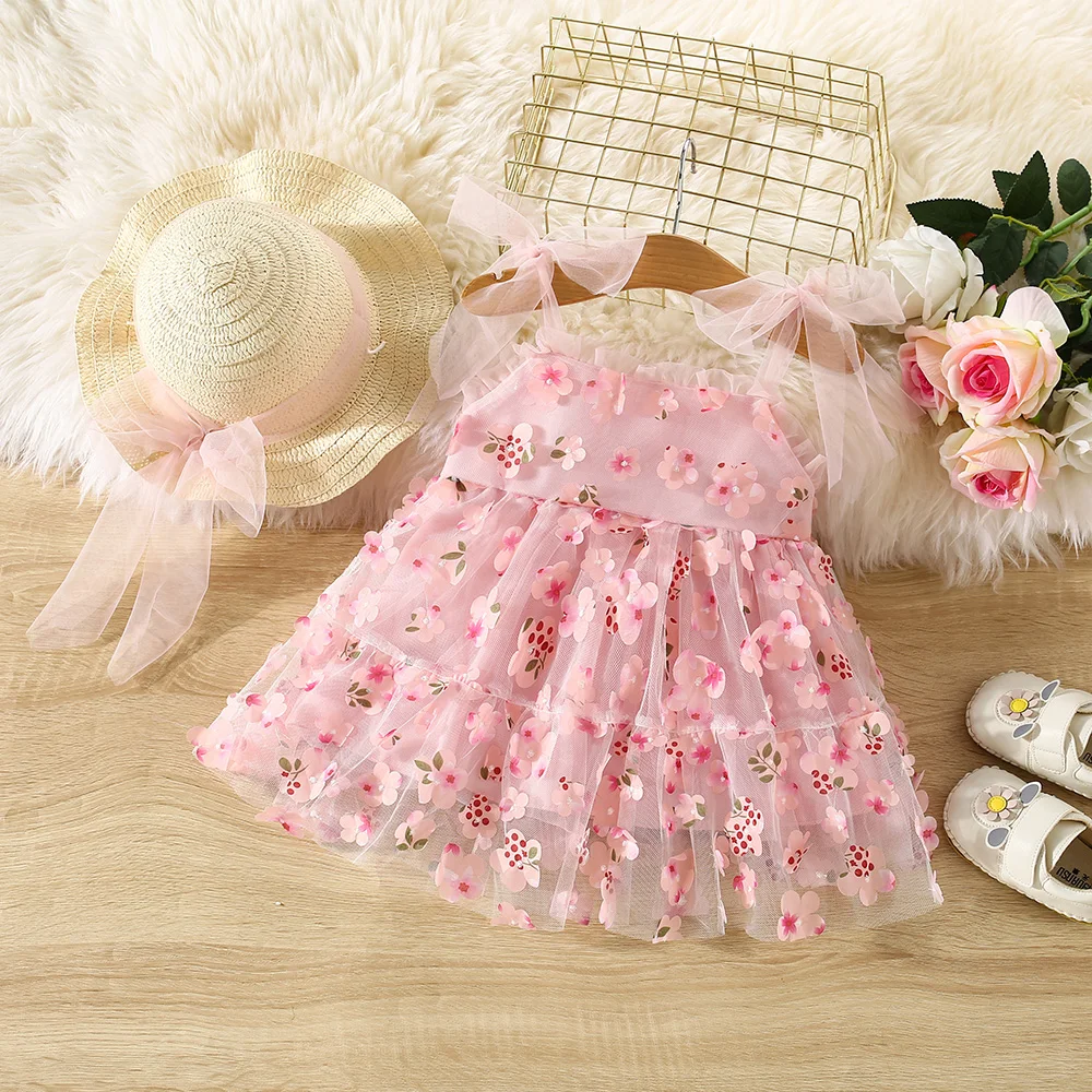 (0-3 Years) Summer New Baby Girls Dress Flower Embellished Mesh Ribbon Bow Dream Dress + Hat Sweet Princess Dress