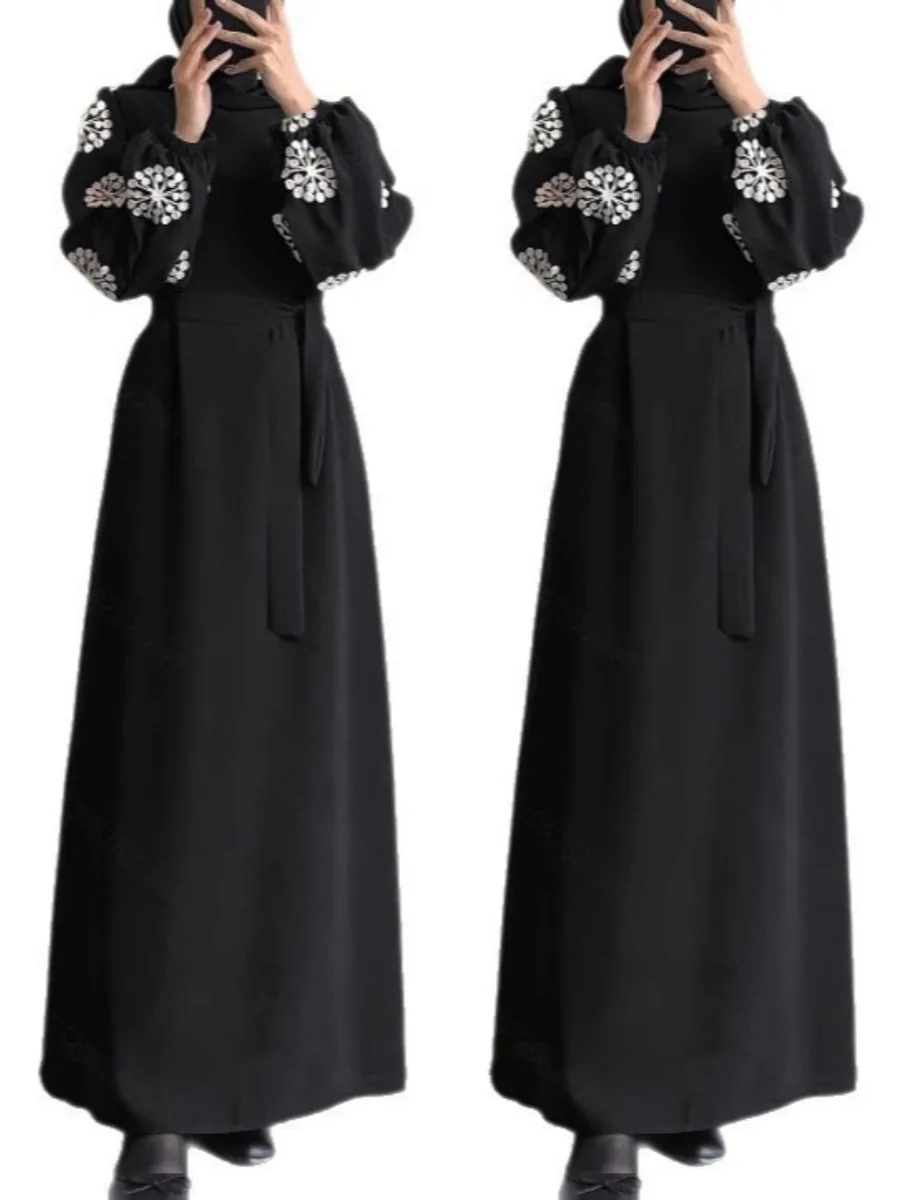 

Ид Абая женское платье с воротником-стойкой мусульманские скромные платья Дубай Джалабия на шнуровке кафтан Марокко Vestidos длинный халат Рамадан 2025