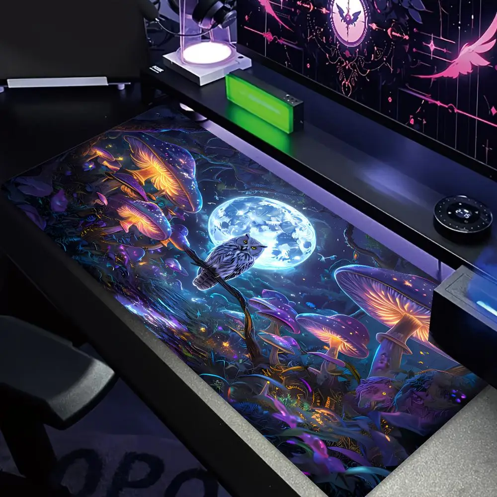 

Коврик для мыши с изображением загадочной совы и грибного леса, игровой коврик с прошитыми краями, нескользящий коврик для компьютерной мыши, офисный коврик