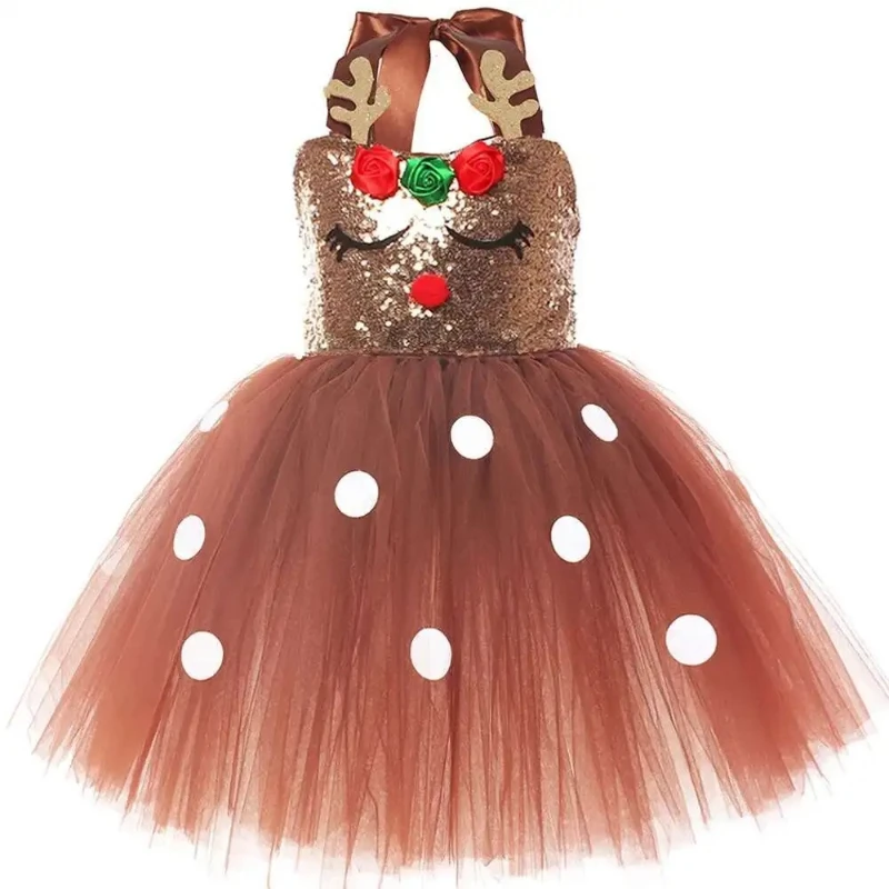 Brown Sequins Deer Costumes for Baby Girls Reindeer Outfit Children New Year Clothes Xmas Gift Kids Christmas Princess Dresses