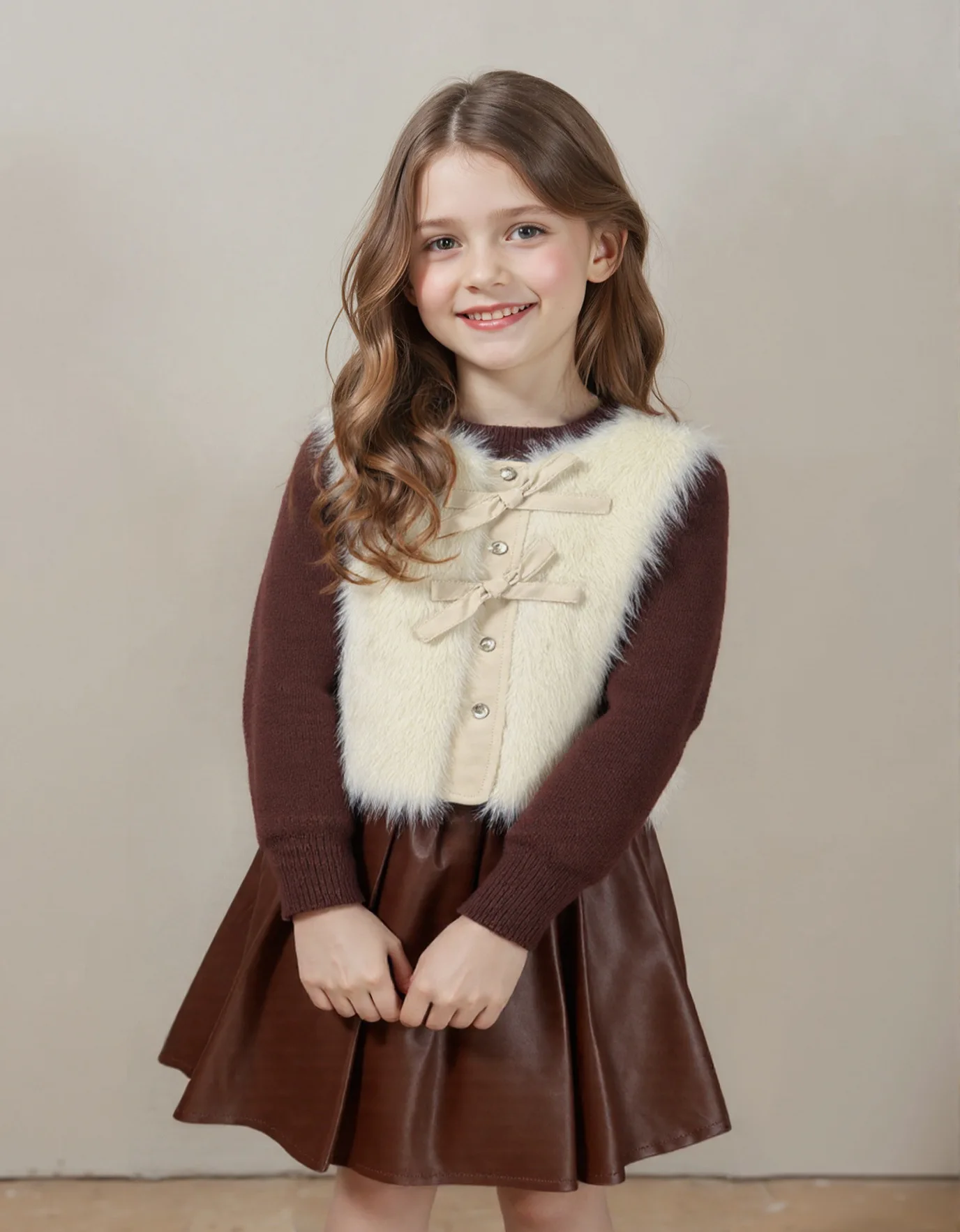 America Autumn and Winter New Girls' Suits Solid-color Sweaters with Long-sleeved Knitted Tops and Leather Skirts Three Pieces