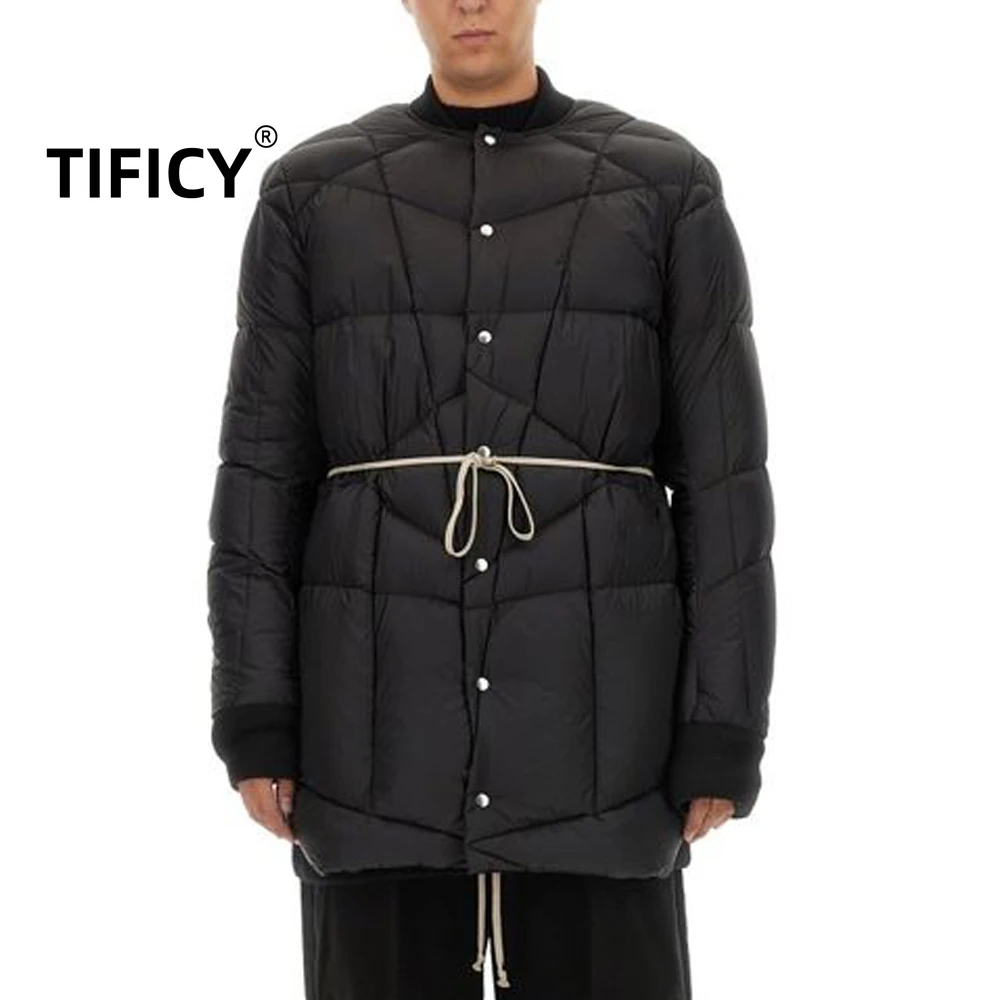 

High Street Dark RO Стиль Гусиный пуховик Мужская зимняя теплая куртка средней длины с геометрической строчкой Свободное пальто на пуговицах