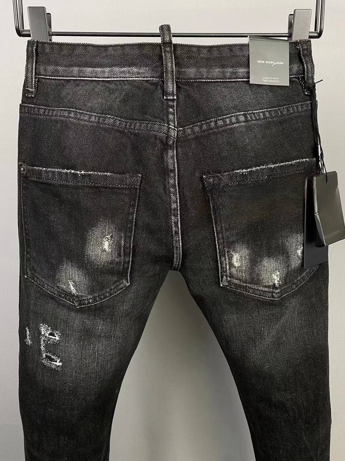 2024 new fashion brand ripped patch paint motorcycle jeans for men