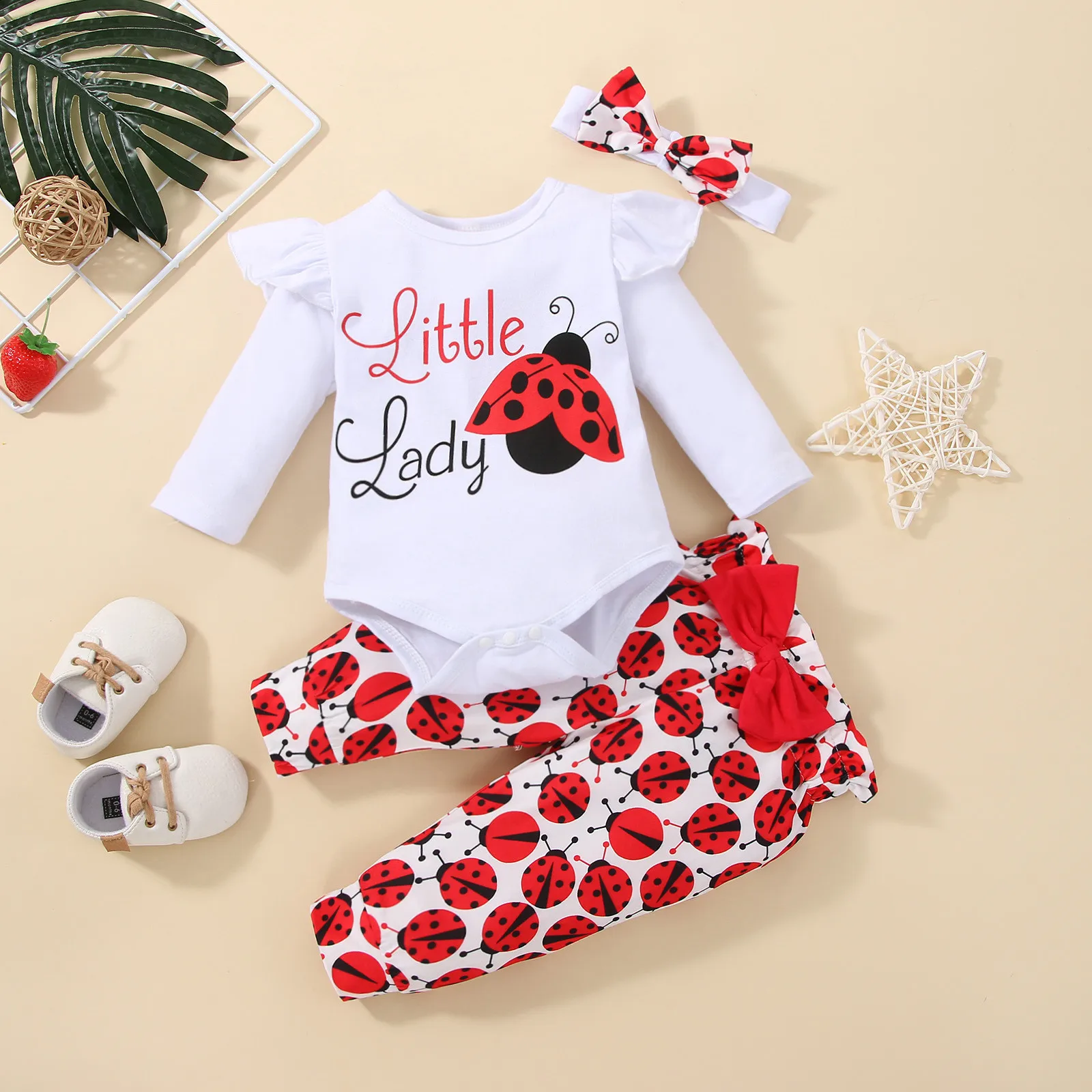 

3pcs Baby Girl Clothes Set Ruffle Long Sleeve Tops Romper +Pants+Headbands Sets Infant Toddler Clothing Newborn Outfits Autumn