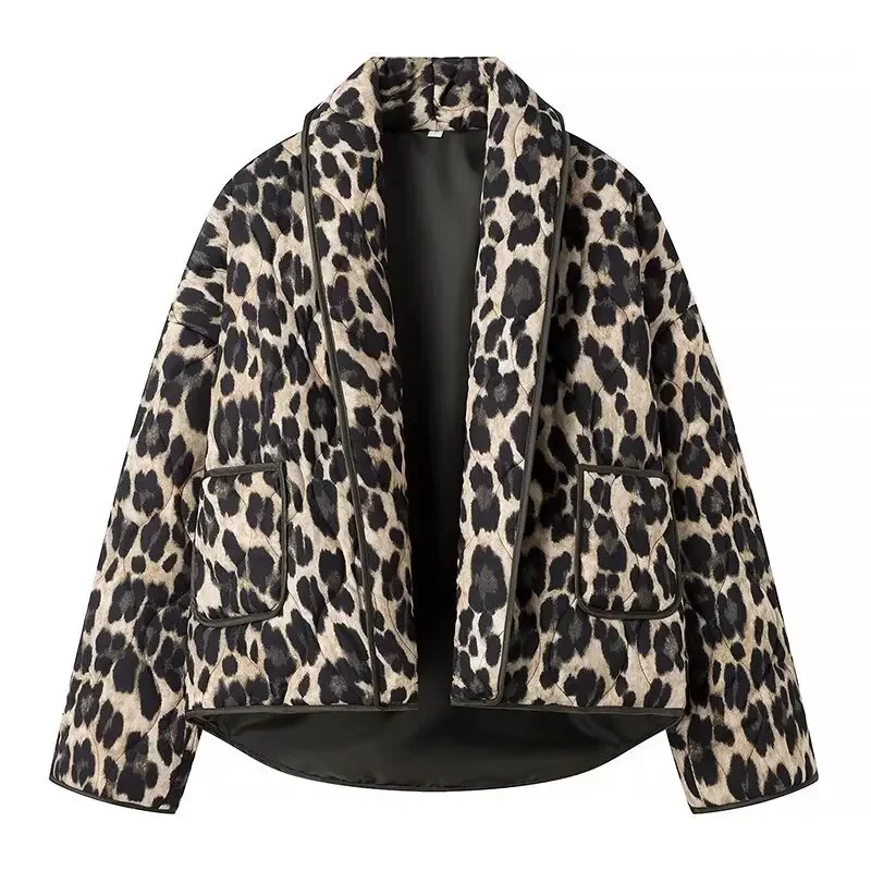

Leopard Print Cotton Coat Women Loose Lapel Patchwork Pockets Female Thick Warm Jacket 2024 Winter New Fashion Lady Outwear