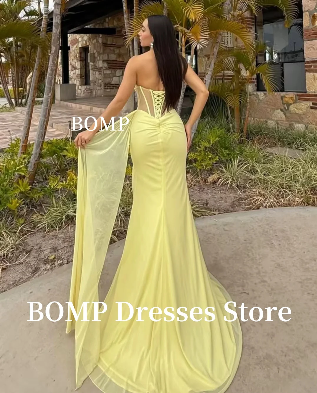 BOMP Abiti da sera sexy Illusion Side Corsetto con spacco alto Lunghezza pavimento Abito da ballo Abiti Pary Abiti personalizzati De Noche