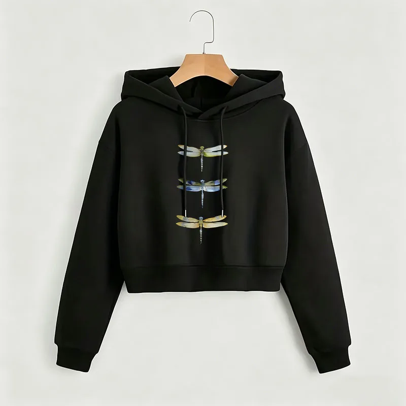 

Funny Dragonfly Print Autumn Winter Cropped Sweatshirt Crop Top Hoodie Y2k Sweatshirts Gothic Casual Style Clothes