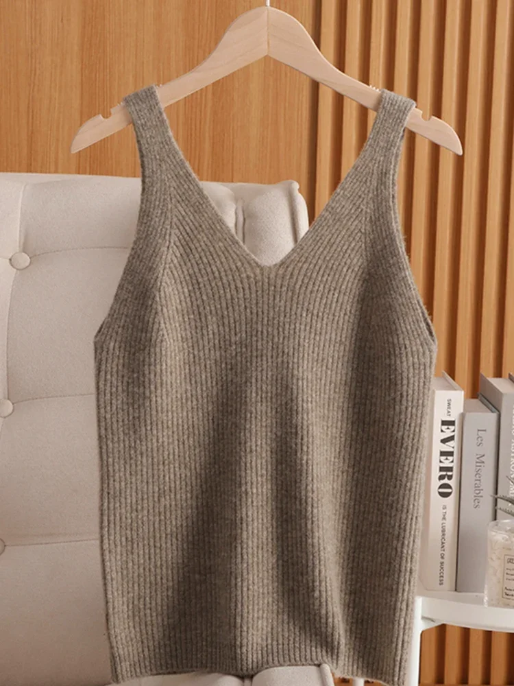 100% Pure Cashmer Camisole Women V-neck and Back Round Neck Tops Tank Sleeveless T-Shirt Knitted Sexy Inner Wear Slim Vest Crop