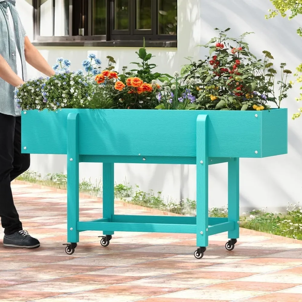 

Raised Garden Bed with Wheels, 48 * 16.7 * 28 in, HDPS Elevated Planter Box with Tools, Weather Resistant, Standing Growing