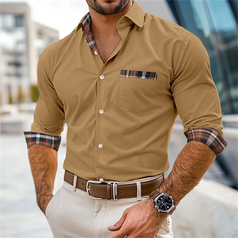 قميص منقوش للرجال، ملابس عمل خارجية، أسود، أزرق داكن، بني، بأكمام طويلة، طية صدر السترة، ملابس الربيع والخريف، تصميم مرقع. #5