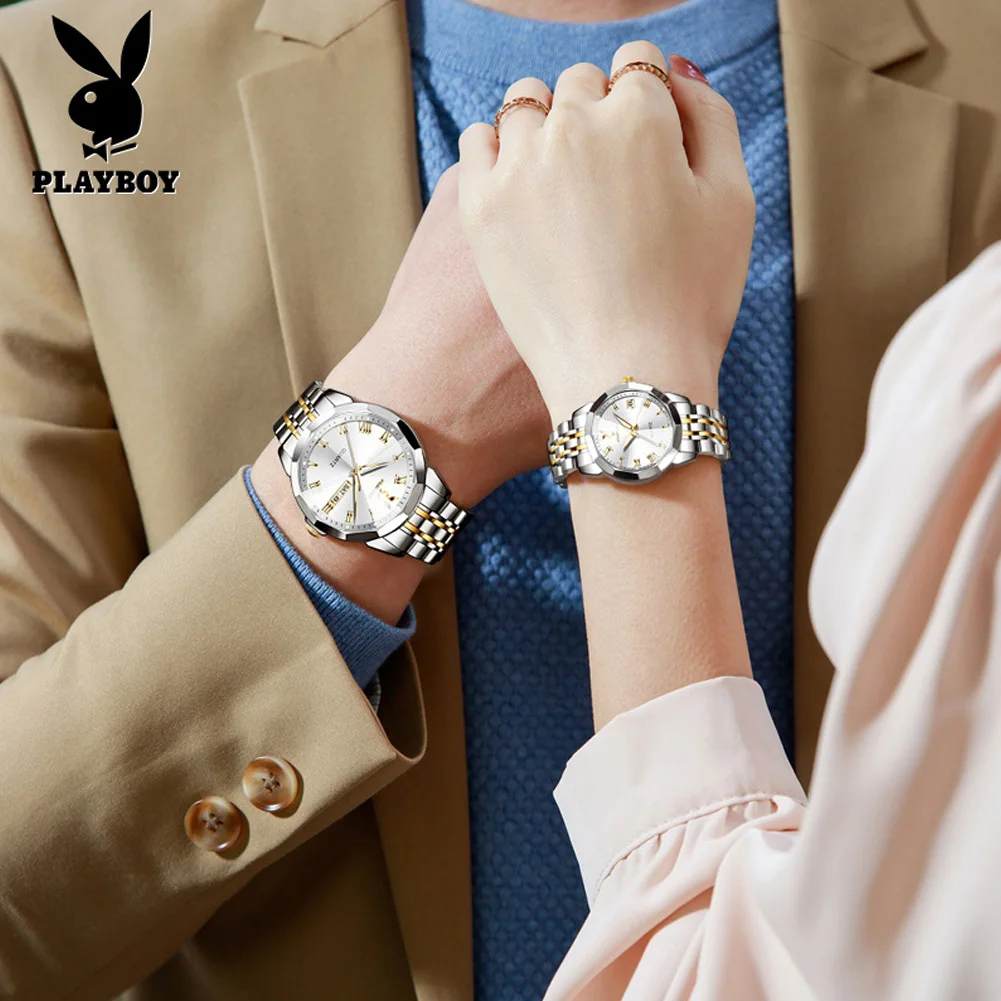 Zegarki PLAYBOY 3502 dla par, oryginalny mechanizm kwarcowy, diamentowy design lusterek, błyszczące, świecące, wodoodporne.