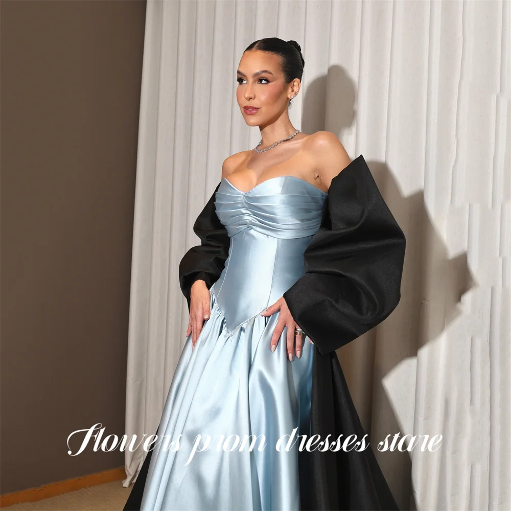 Flowers Light Blue Prom Dresses with Black Oversized Bow Celebrity Dress Sweetheart Evening Dress Wedding Party Dress Customized