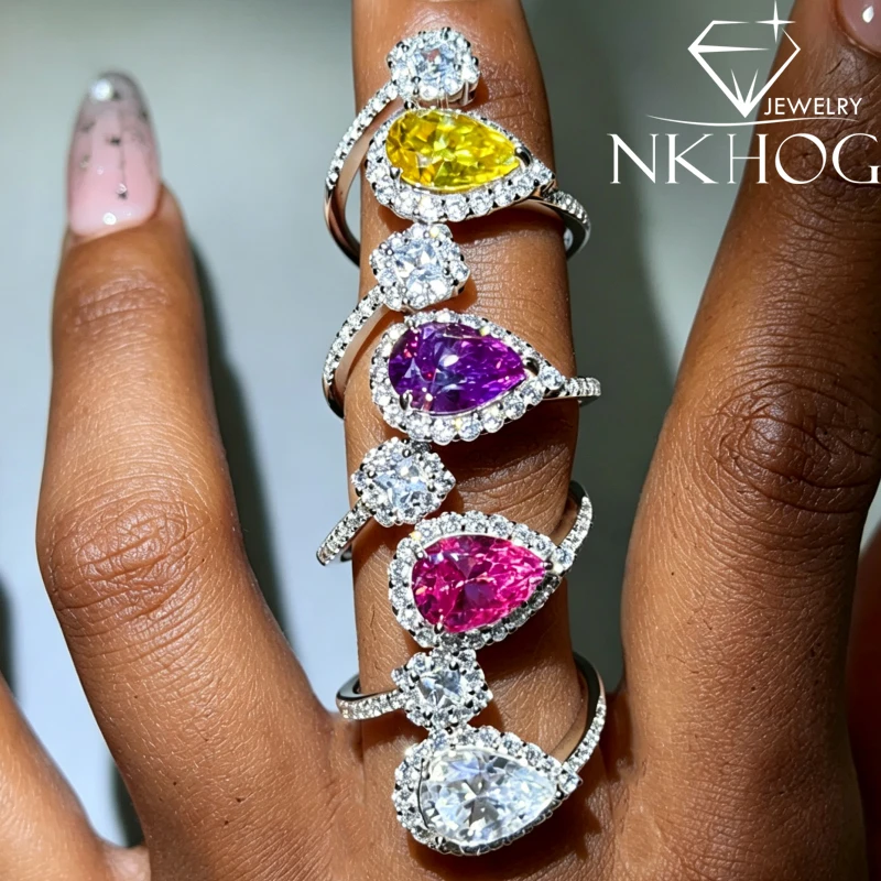 S925 Sterling Silver 2CT All Moissanite Ring Women Open Adjustable Yellow Pink Purple White Teardrop Jewelry Gift Two Stone Band