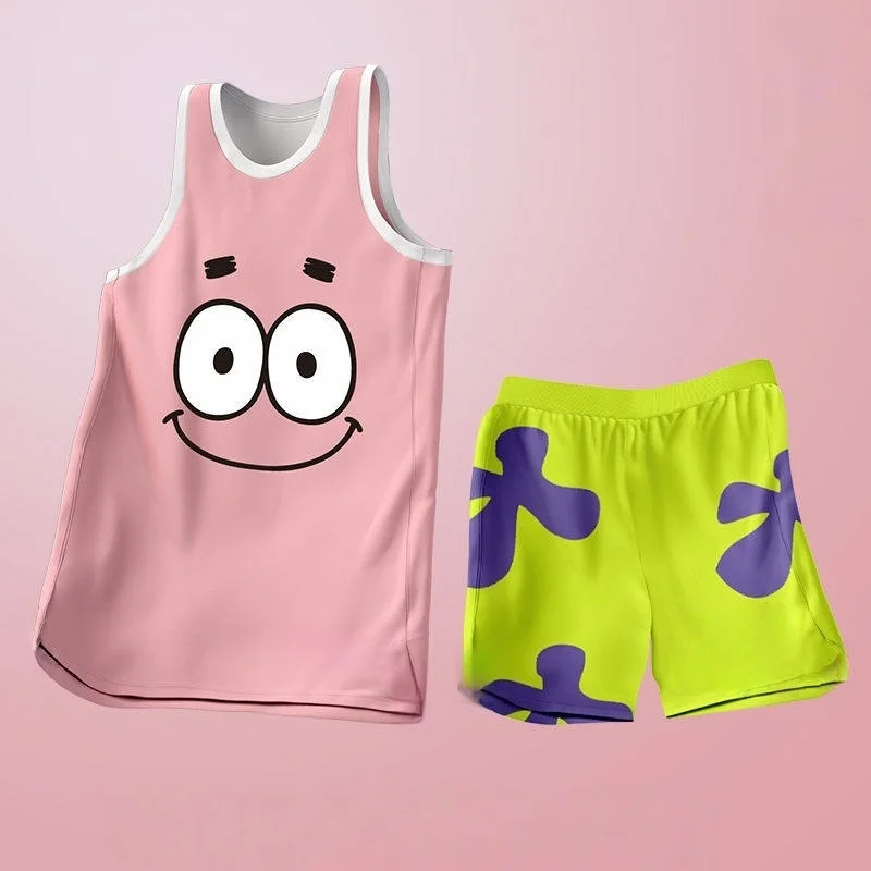 2026 Latest SpongeBob SquarePants Big Star Basketball Suit Set Sleeveless Tank Top+Shorts Breathable Mesh for Adults AndChildren