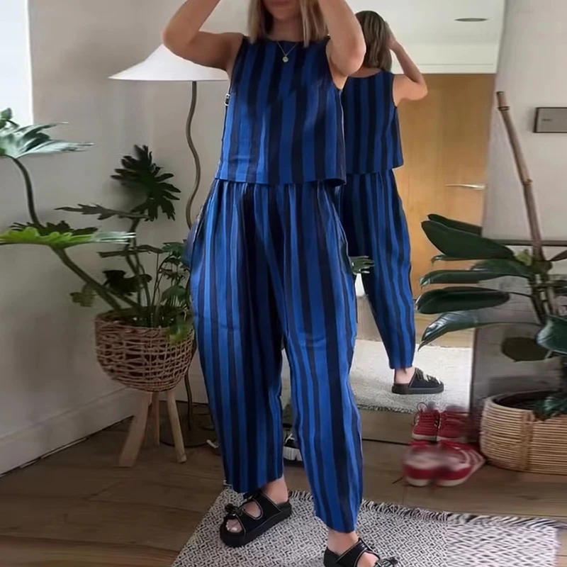 

Stripes Print Sleeveless Loose 2 Piece Suits Casual O-neck Tank Tops & Wide Legger Pant Outfits Fashion Simple Street Summer Set
