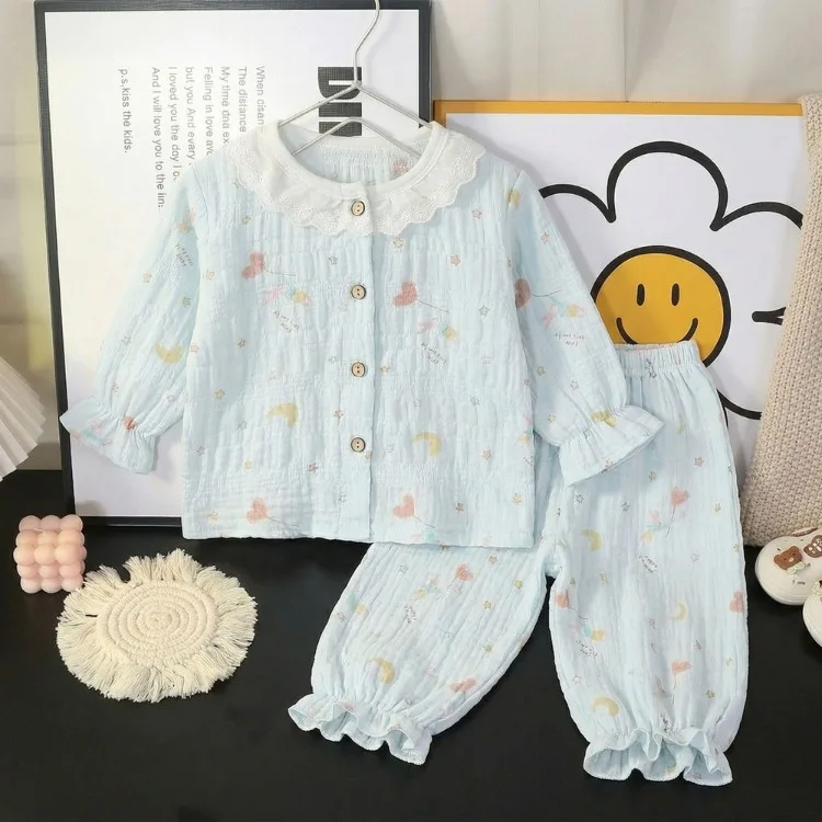 Sommer Frühling Herbst Mädchen Elegante Spitzen-Pyjama-Sets Kinder Atmungsaktive Bequeme Langarm-Hauskleidung Sets Kinder-Schlafanzüge – Detail 4