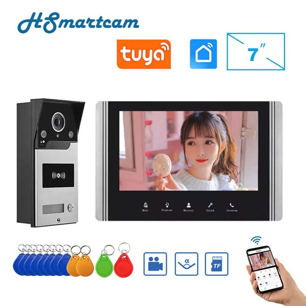 Tuya Wireless Wifi 7 Inch Video Intercom Doorbell System With Mobile Remote Unlock Control HD Doorbell Camera phone