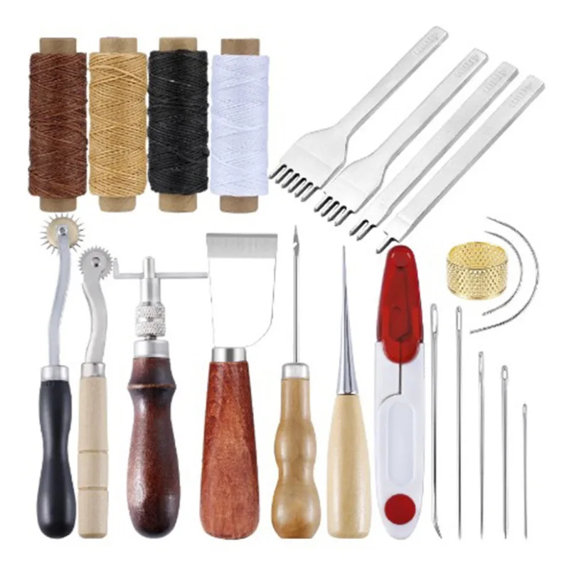 Professional Leather Craft Tool Kit Hand Sewing Repair Kit Wax Thread Stitching Punch Carving Work Groover DIY Tool Set